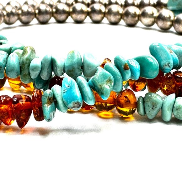 Vintage Navajo Four-Strand Turquoise and Amber Necklace w/Fluted Barrel Beads - Picture 8 of 14